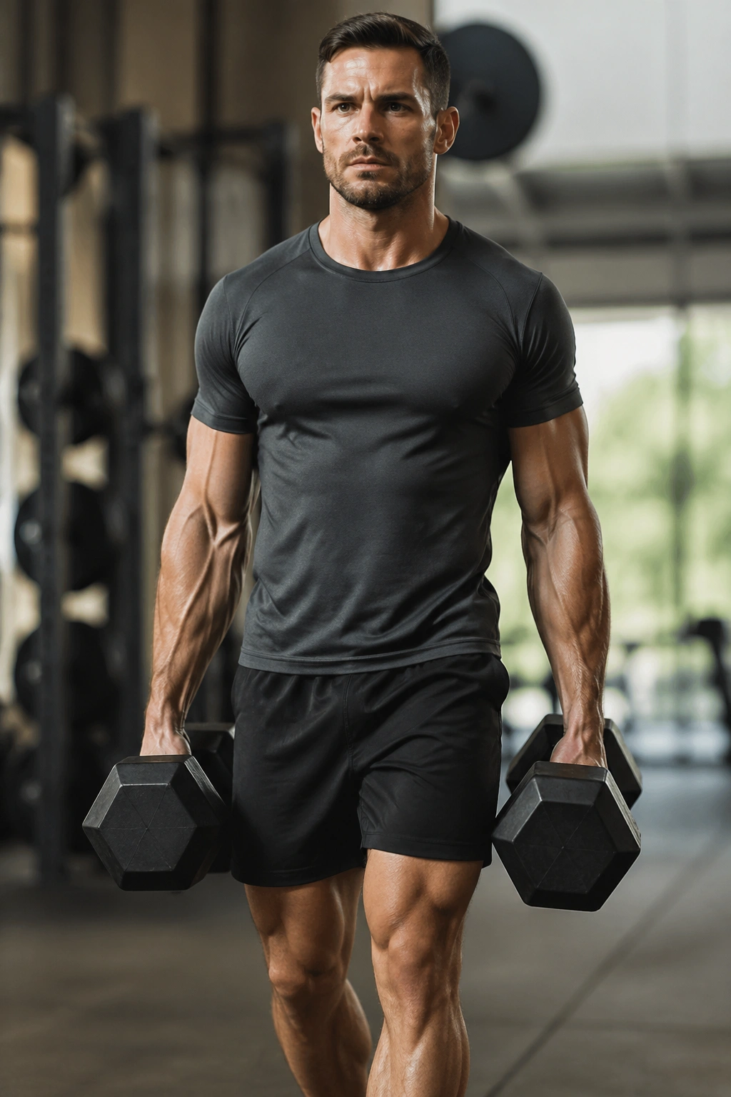 Person performing farmer carry with dumbbells in gym