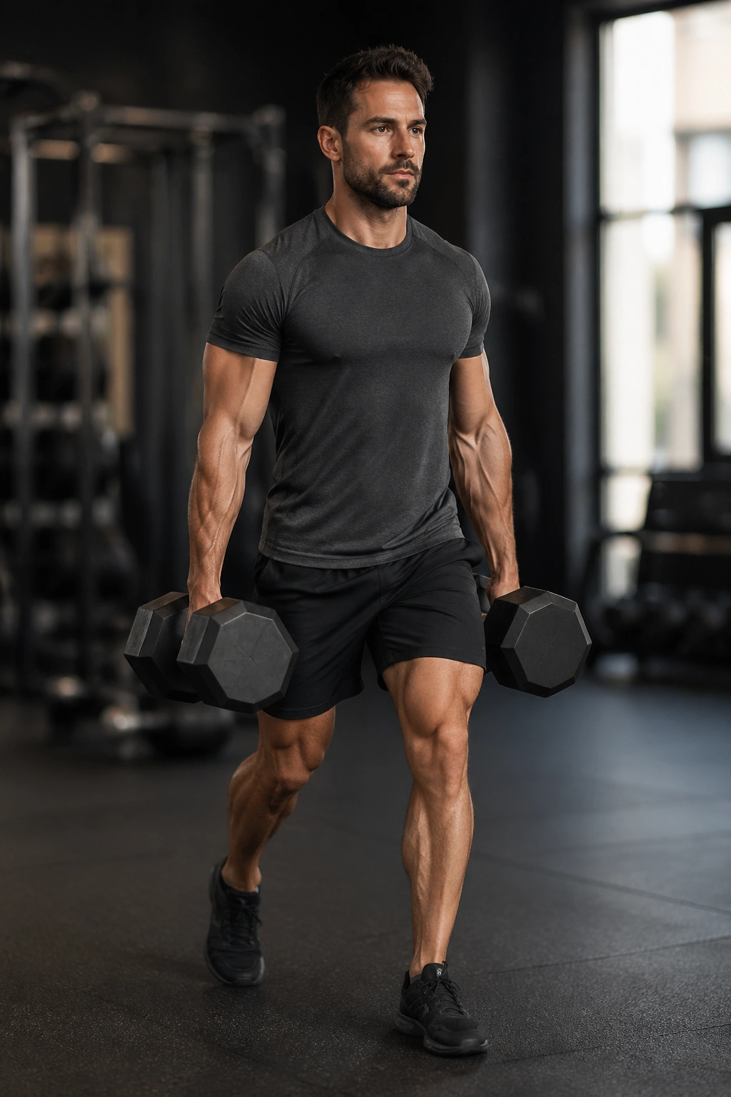 Person performing a farmer carry with dumbbells in a gym