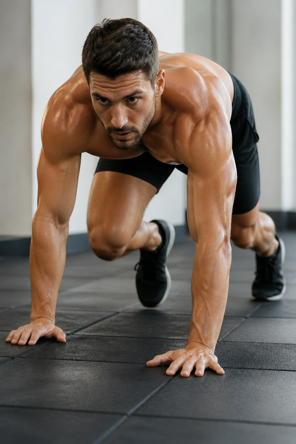Close-up of athlete performing bear crawl for core-heavy circuit