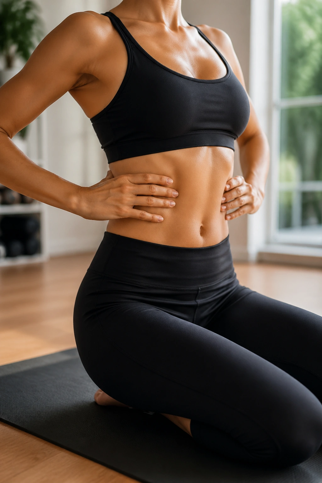 Close-up of torso bracing for Pilates core-first plan on a mat