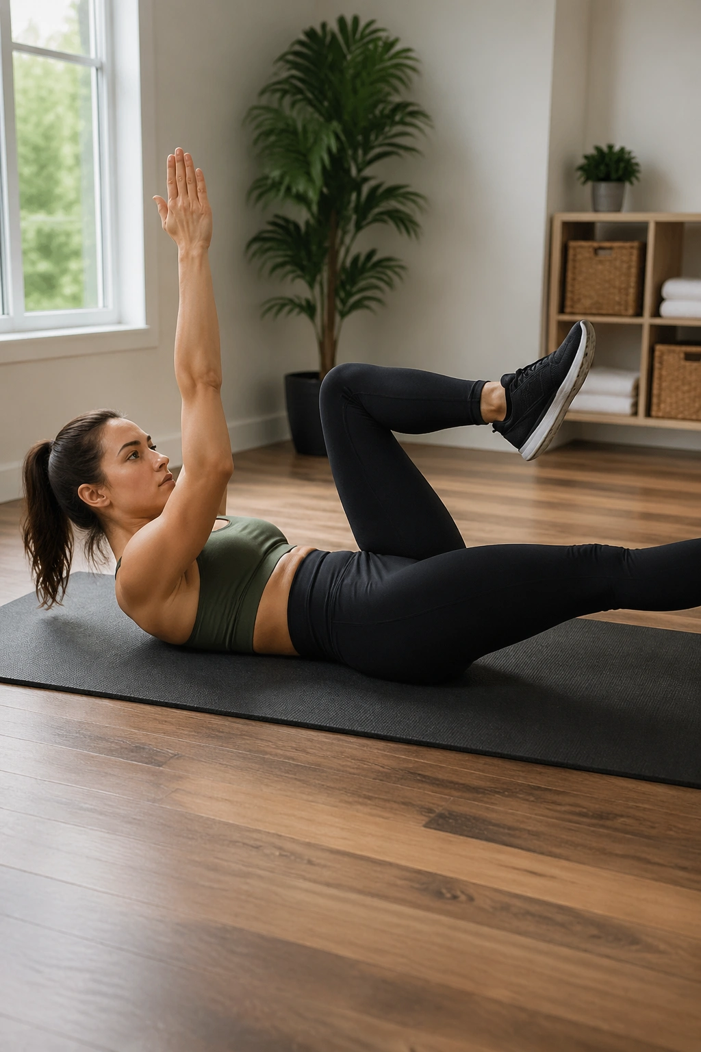 Mid-shot of a real person performing a dead bug exercise on a mat in a home setting