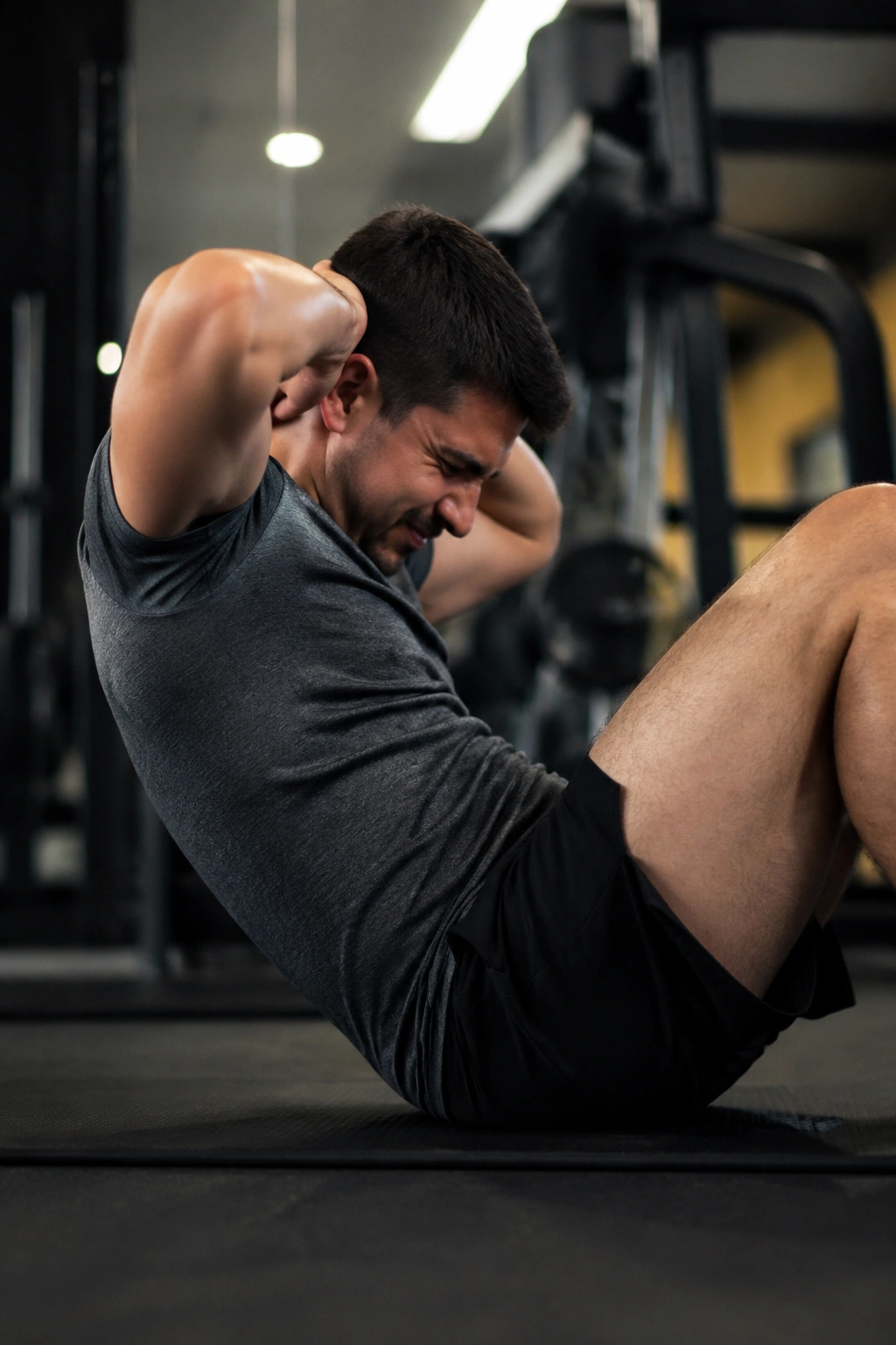 Real person doing abdominal exercise with poor form on a mat