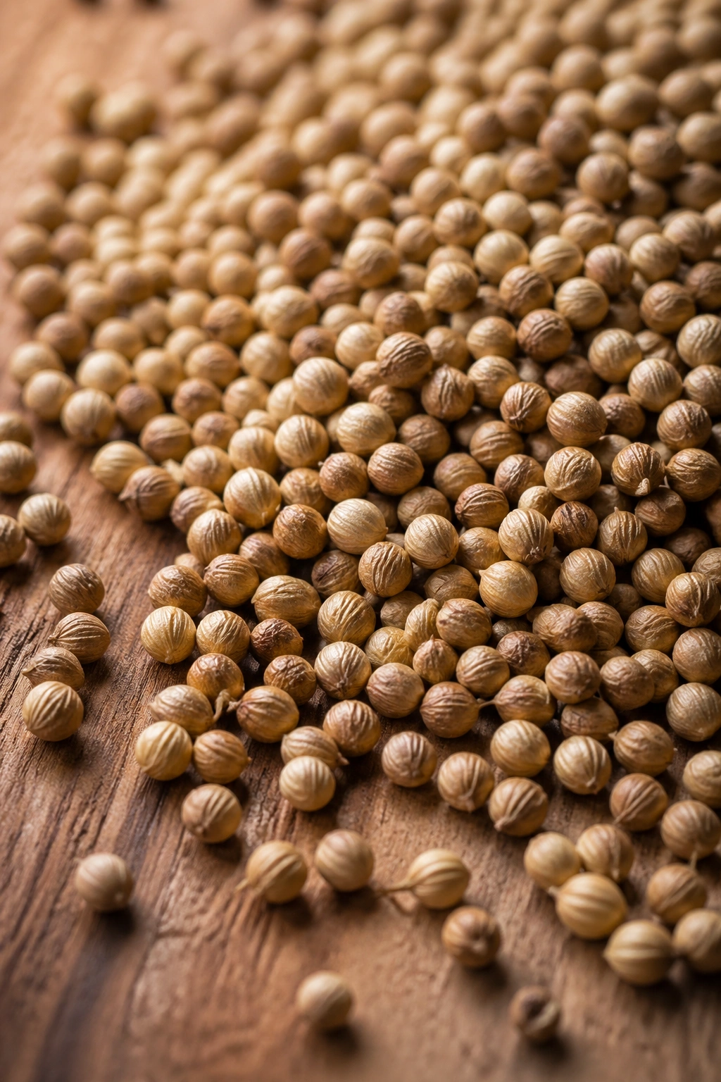 Close-up of coriander seeds spilled on a wooden board with soft daylight