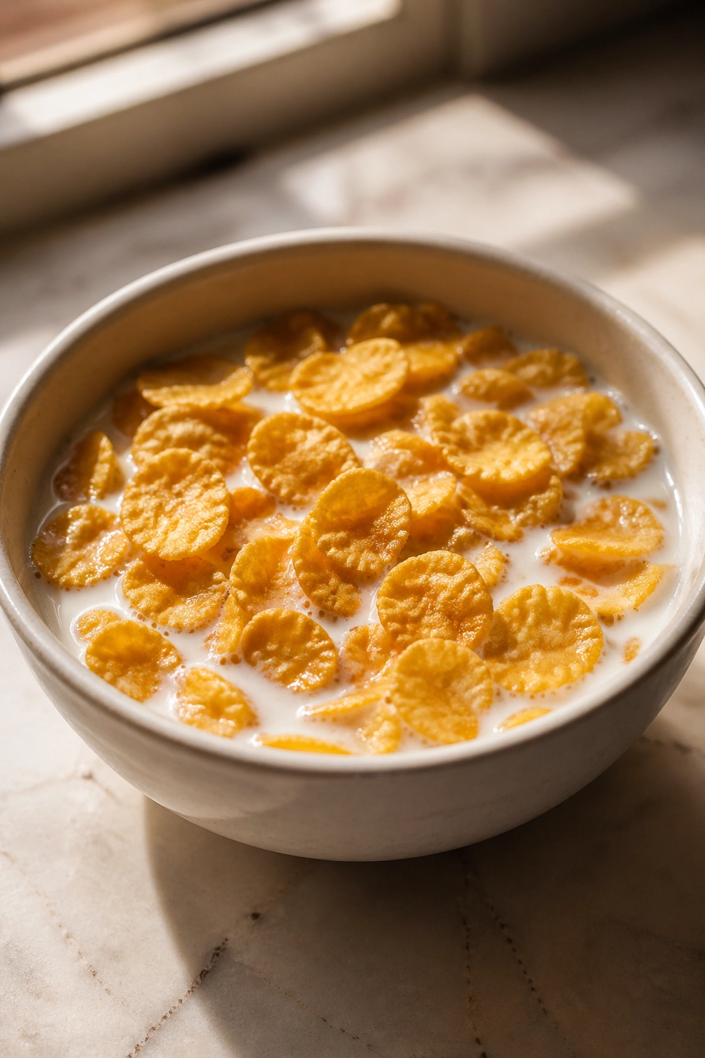 Close-up of a small bowl of cornflakes with milk on a warm kitchen counter.