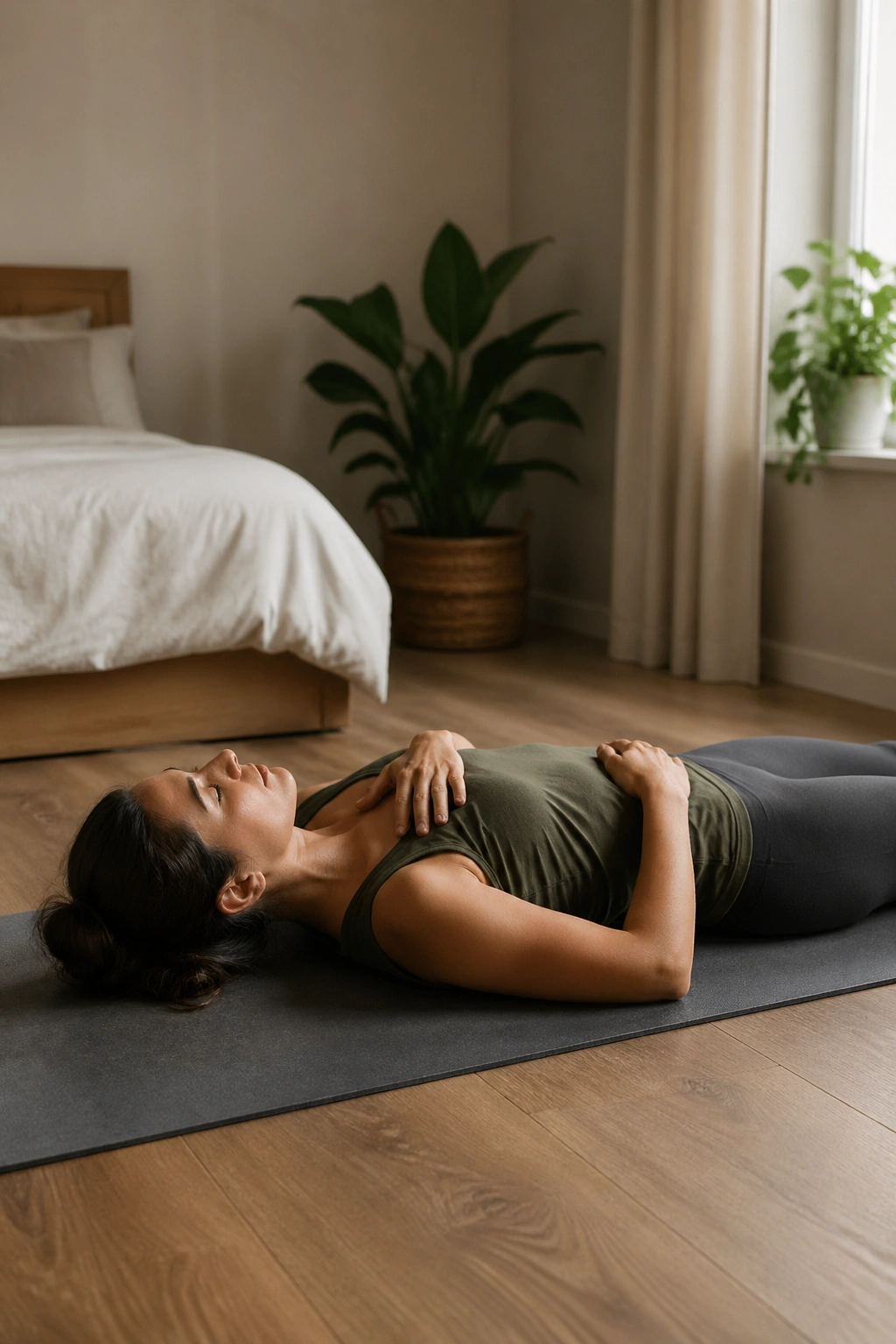 Person lying on back in corpse pose breathing calmly in a serene bedroom