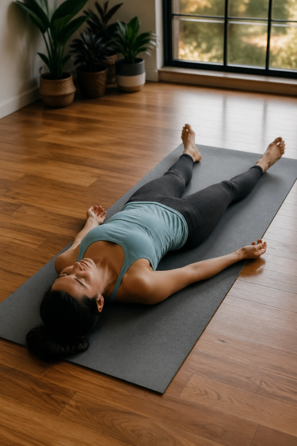 Person in Corpse Pose on a yoga mat with breath awareness