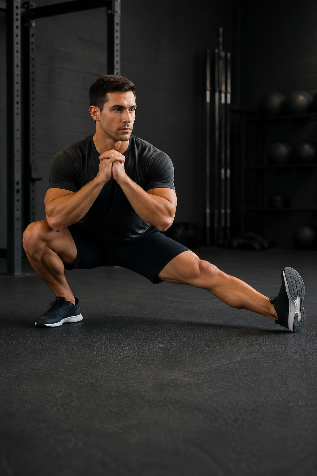 Athlete performing a Cossack squat with deep bend in one leg