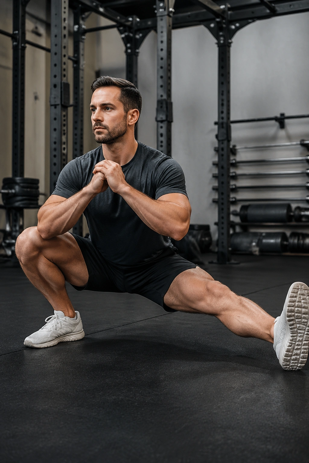 Three-quarter view of a person performing Cossack squat shifts