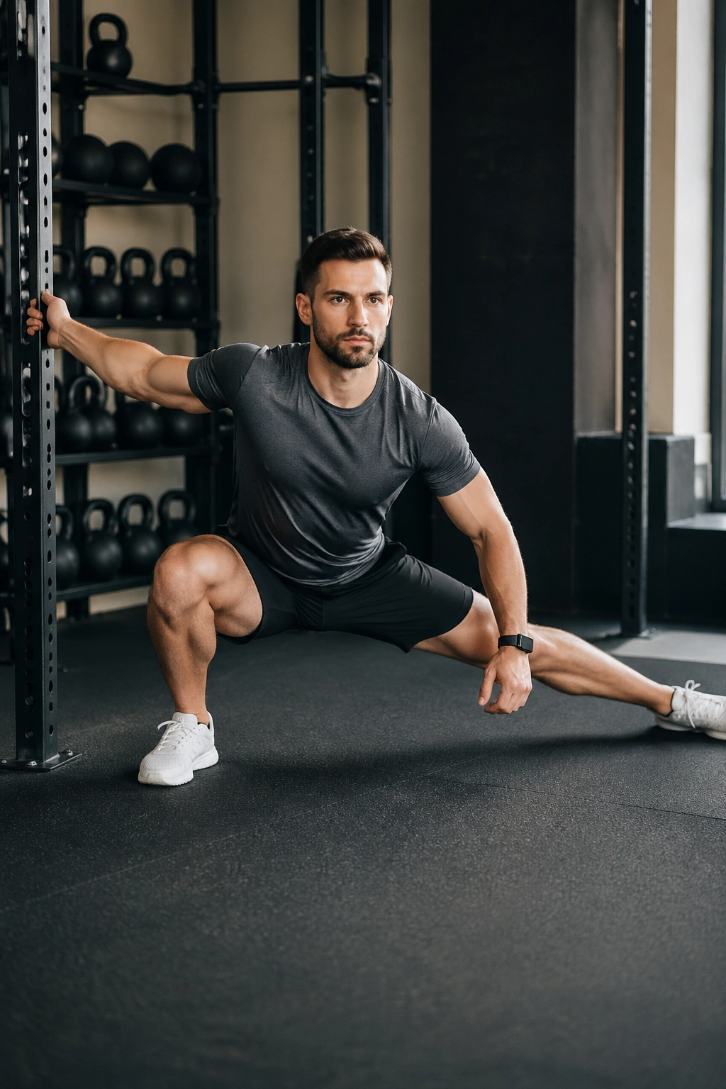 Person performing a Cossack squat with deep side lunge in a gym.