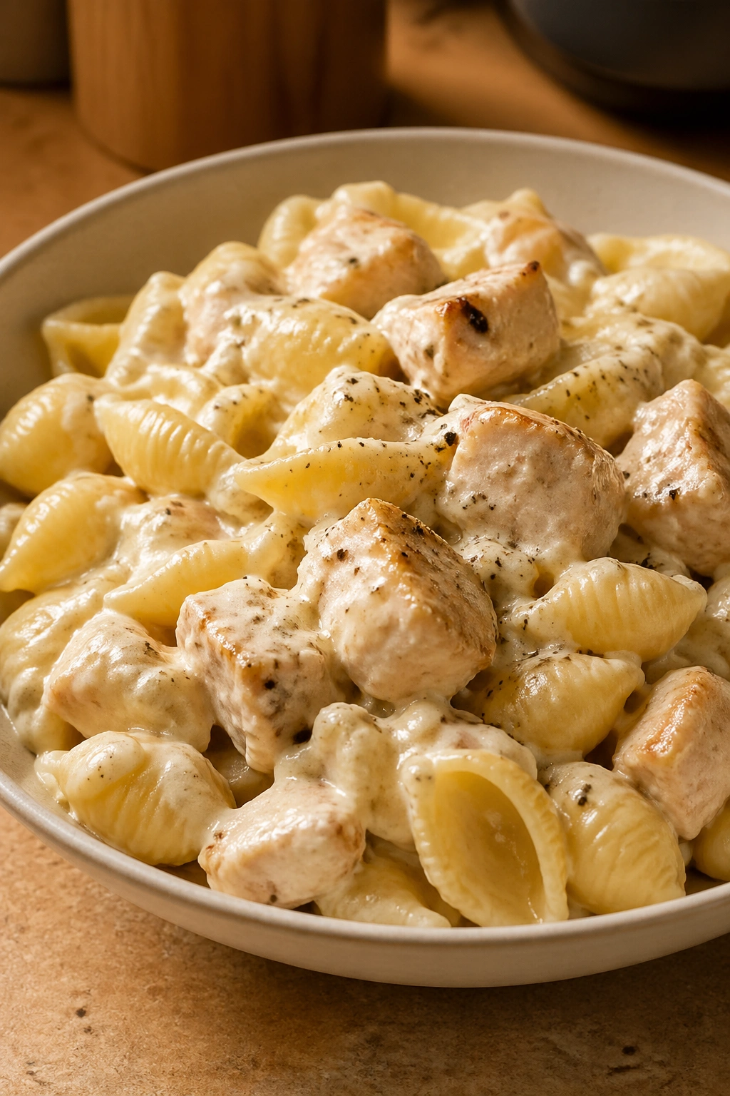 Creamy cottage cheese Alfredo chicken shells in a bowl