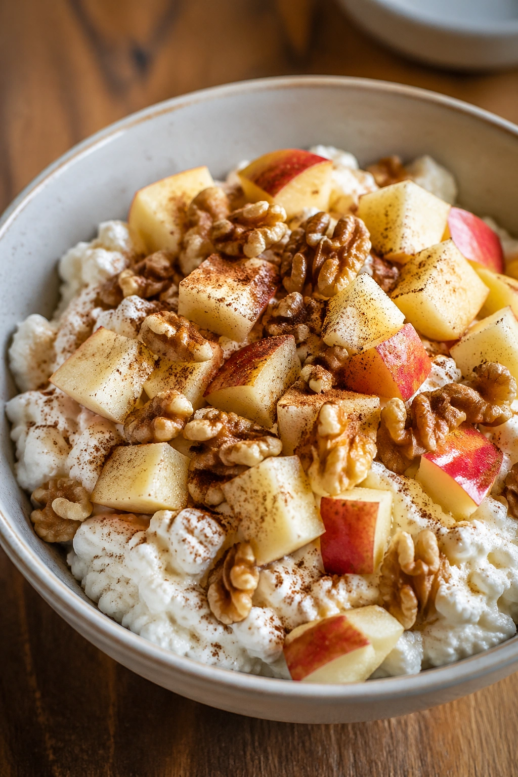 Close-up of cottage cheese with apple and walnuts in a bowl