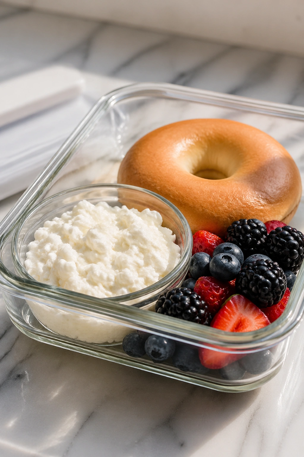 Meal-prep box with cottage cheese, bagel, and berries