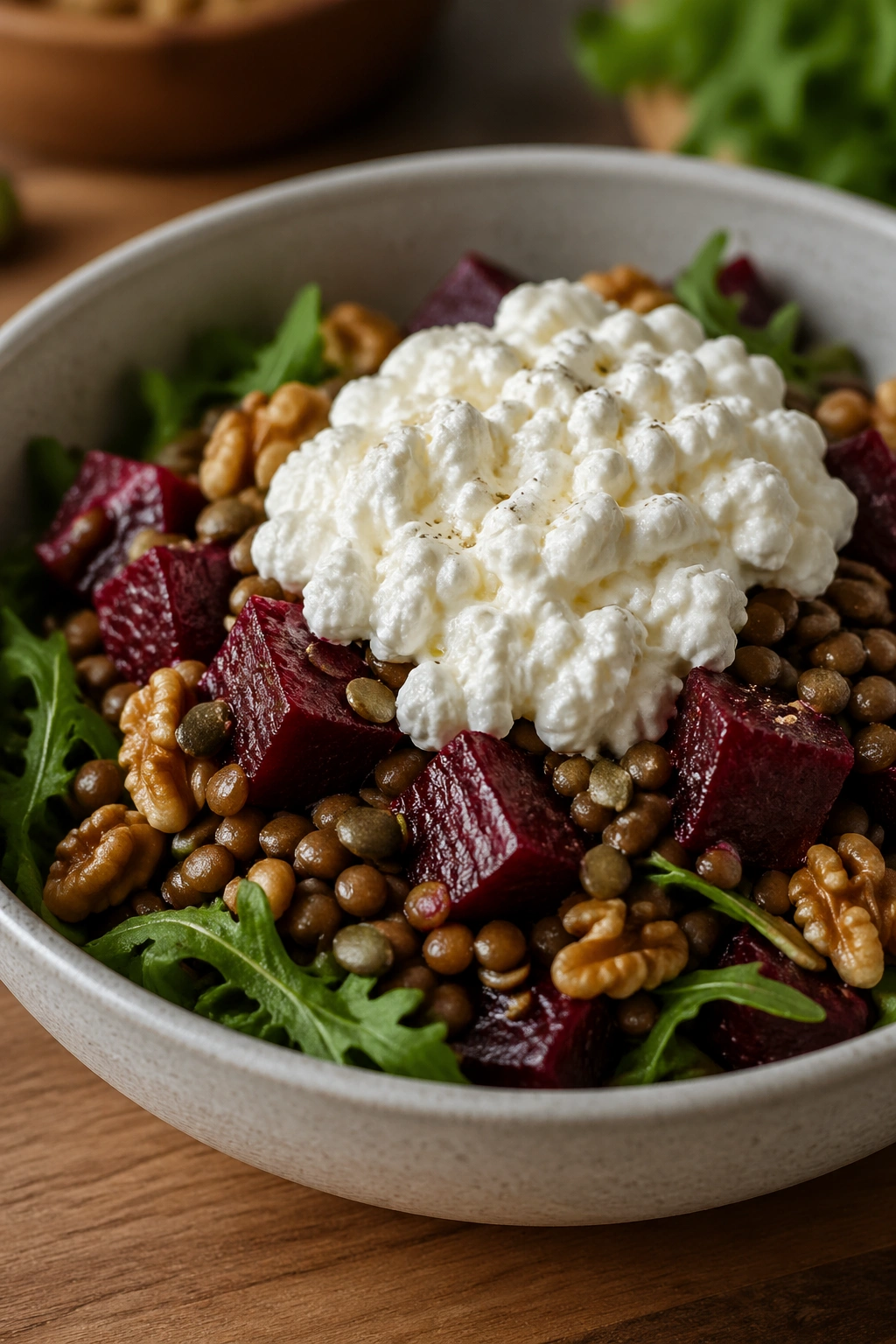 Close-up of cottage cheese beet lentil salad