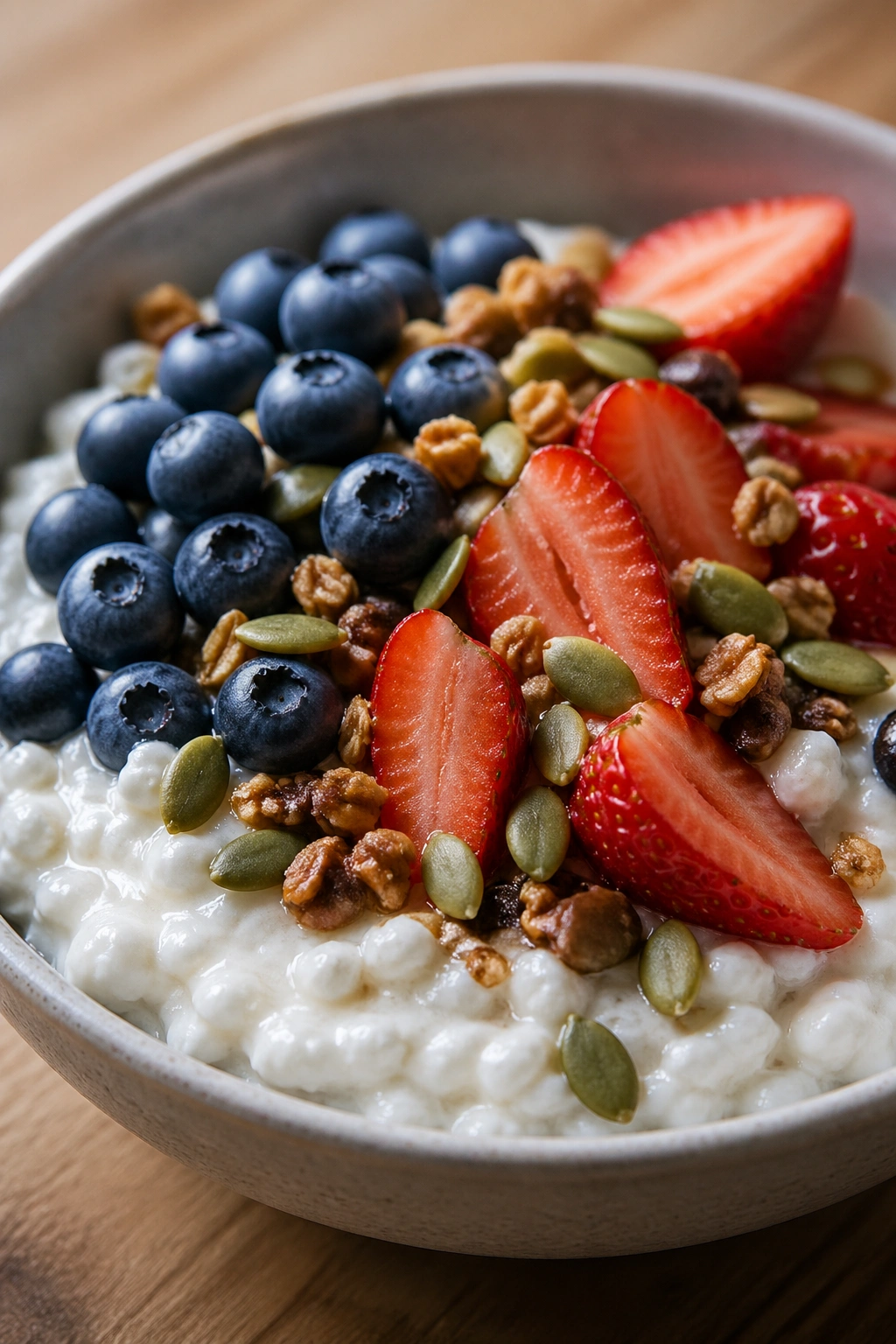 Close-up of cottage cheese bowl with berries and seeds