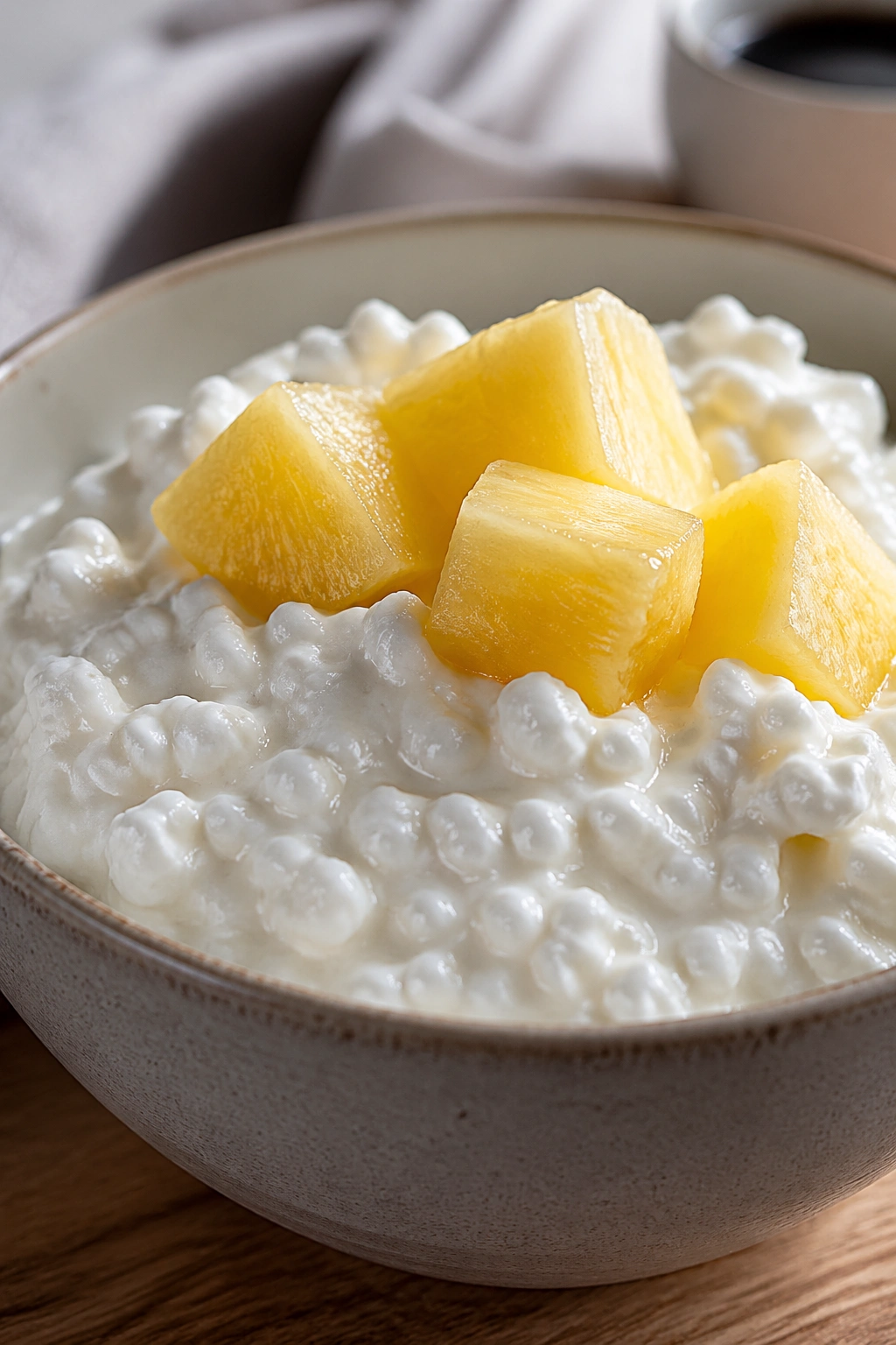 Bowl of cottage cheese with pineapple chunks in a cozy kitchen