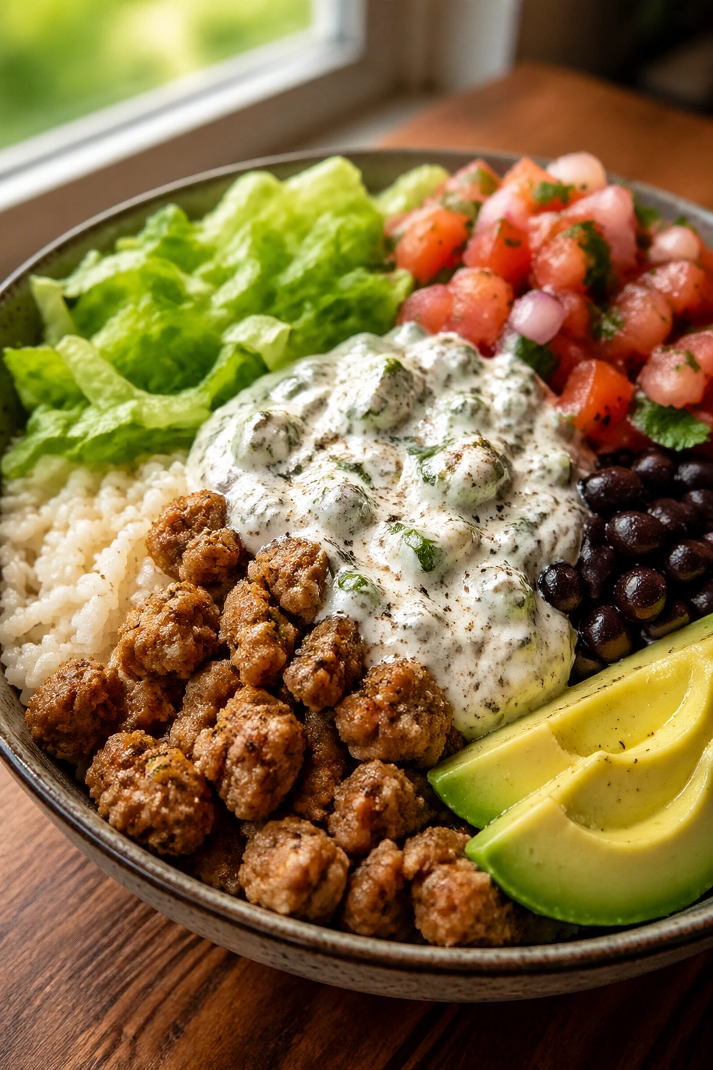 Close-up of Cottage Cheese Burrito Bowl with creamy sauce and toppings in a kitchen