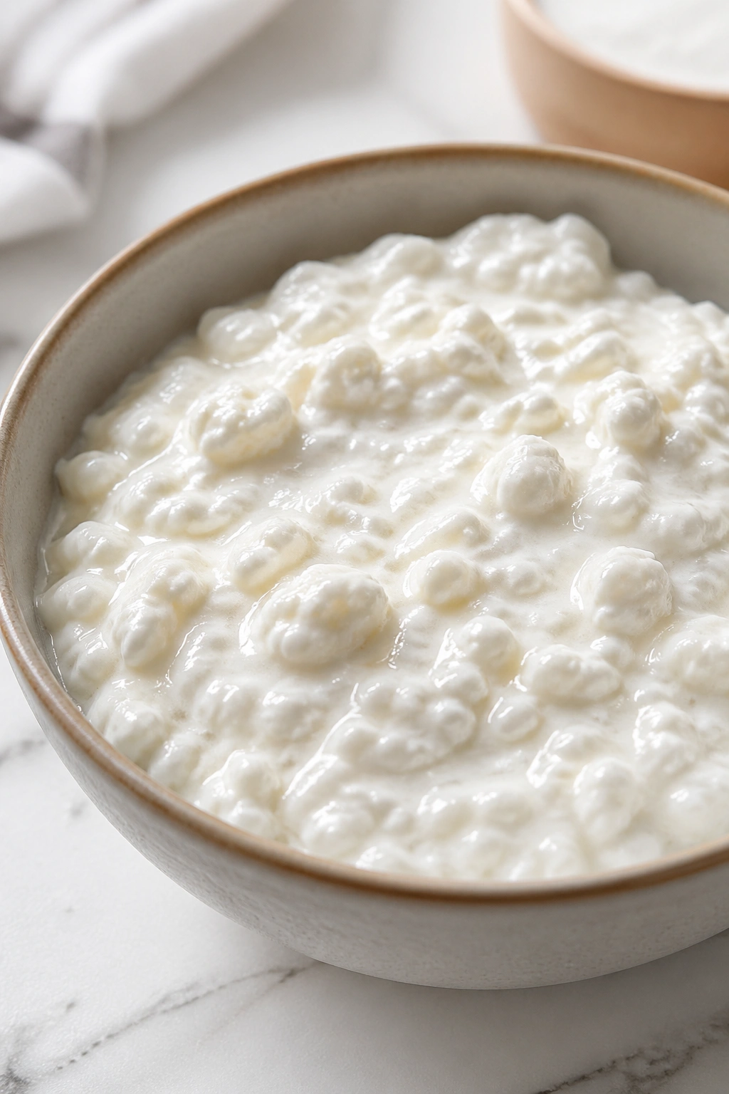 Bowl of cottage cheese on a bright kitchen counter