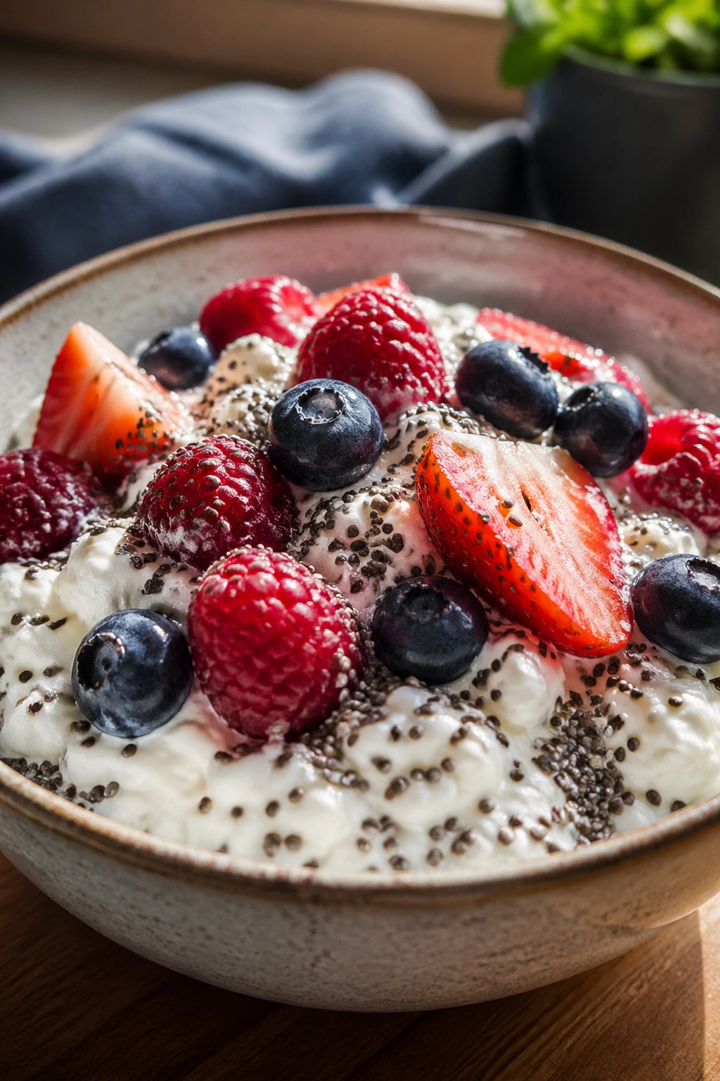 Close-up of cottage cheese or skyr with chia seeds and berries in a bowl