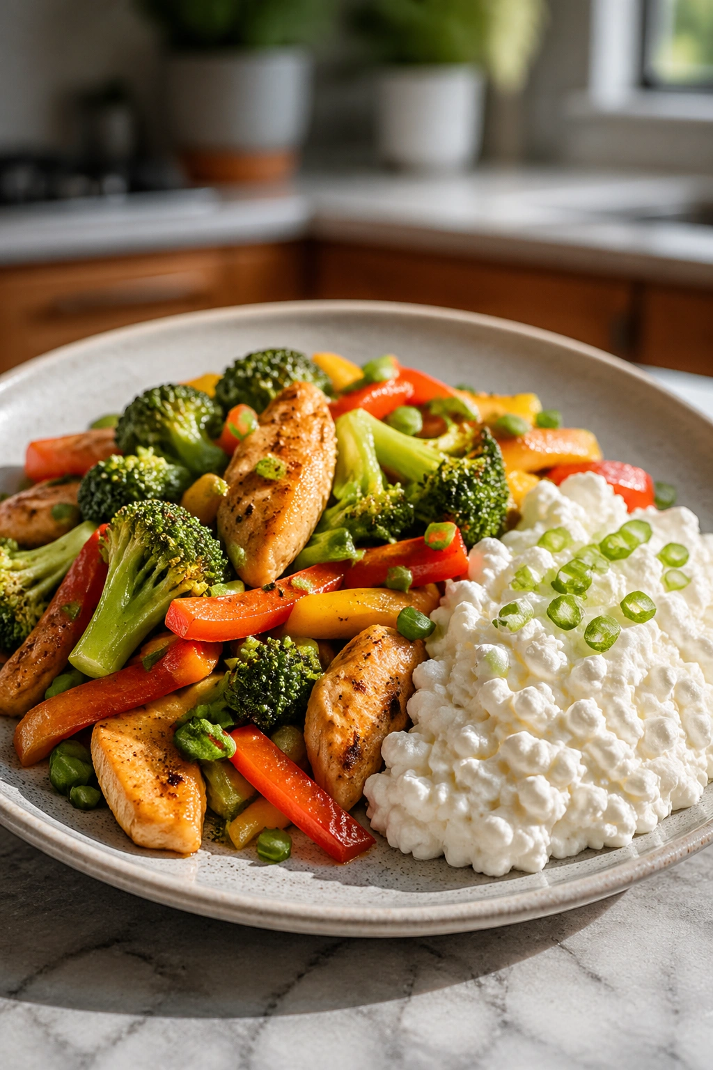 Chicken stir-fry with cottage cheese on the side in a modern kitchen