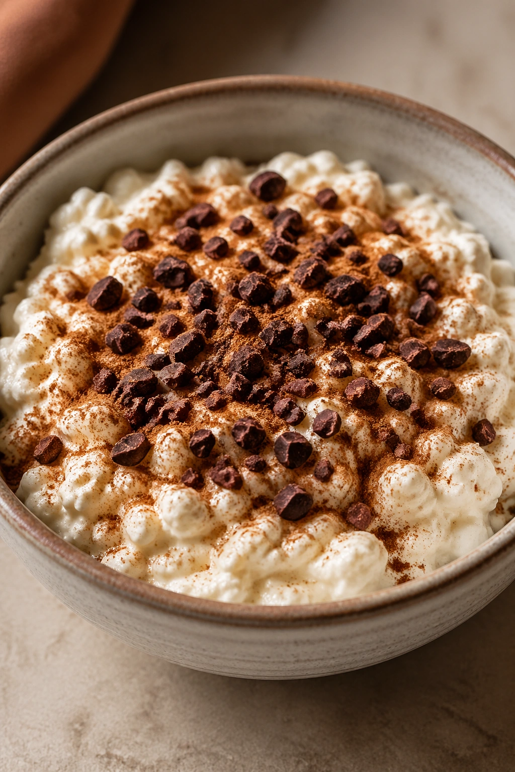 Close-up bowl of cottage cheese with cinnamon and cocoa nibs