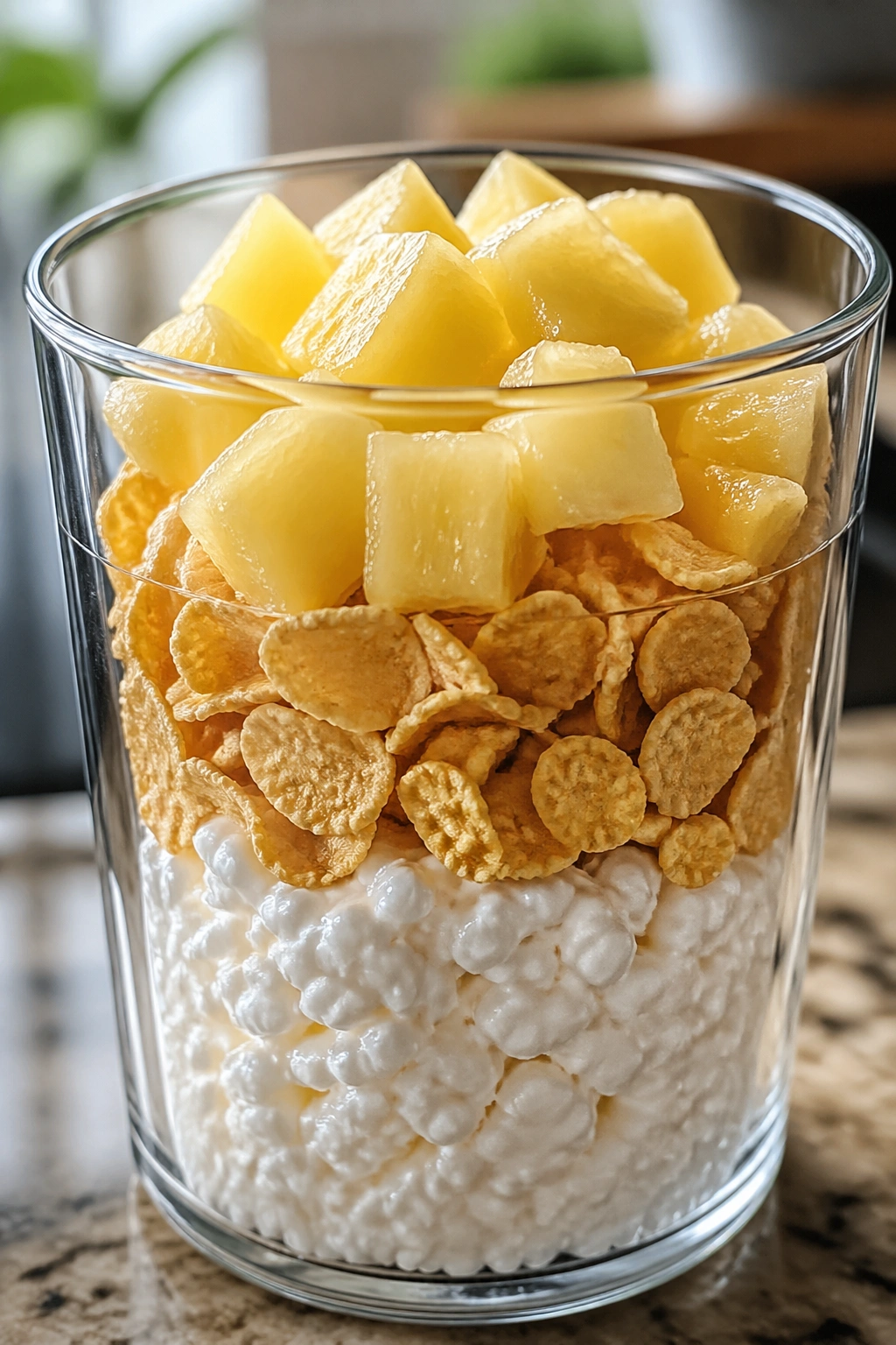 Close-up of cottage cheese, corn flakes, and pineapple cup.