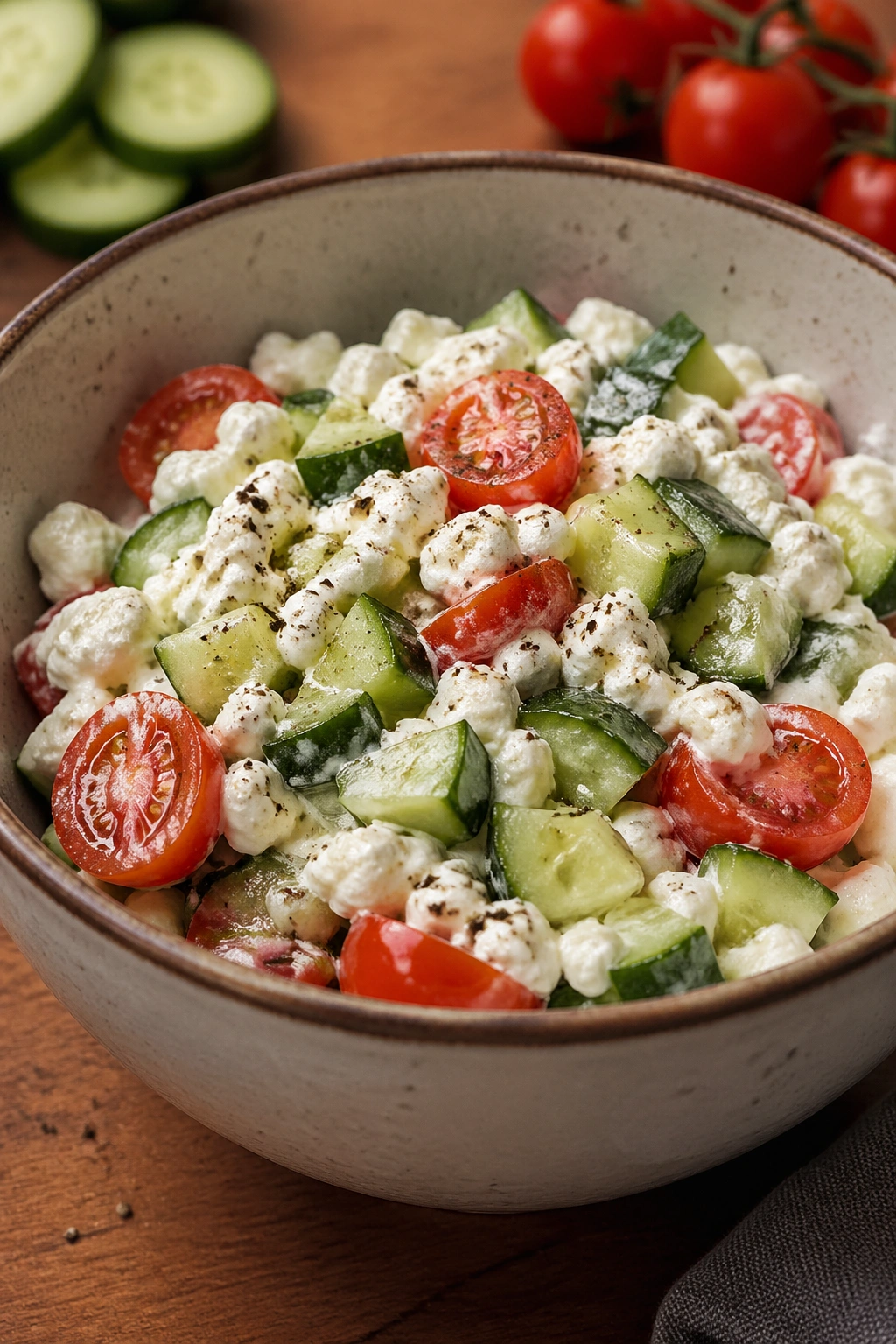 Cottage cheese cucumber bowl ready to eat.