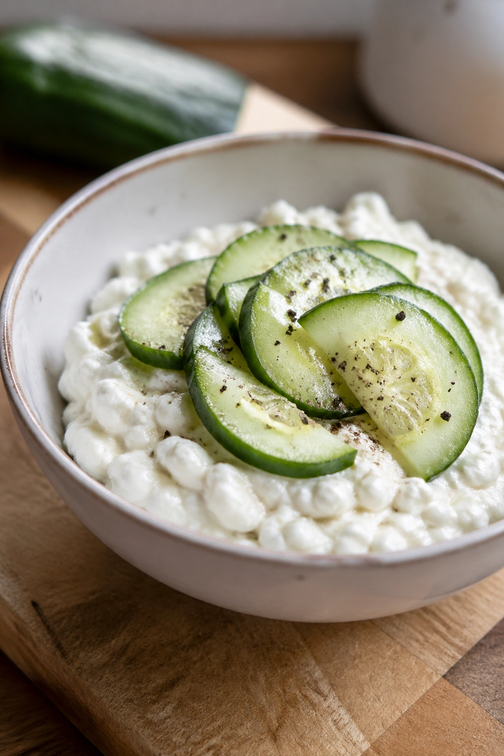 Close-up of cottage cheese with cucumber slices and black pepper on a wooden board