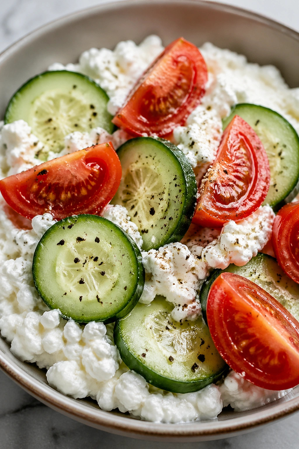Cottage cheese with cucumber and tomato in a bowl