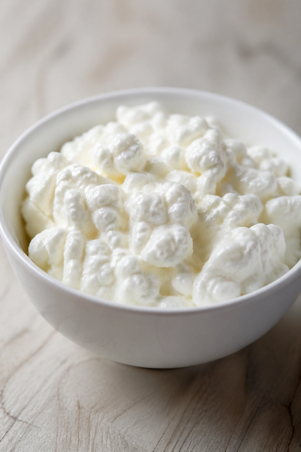 Cottage cheese curds in a bowl on a light wood surface