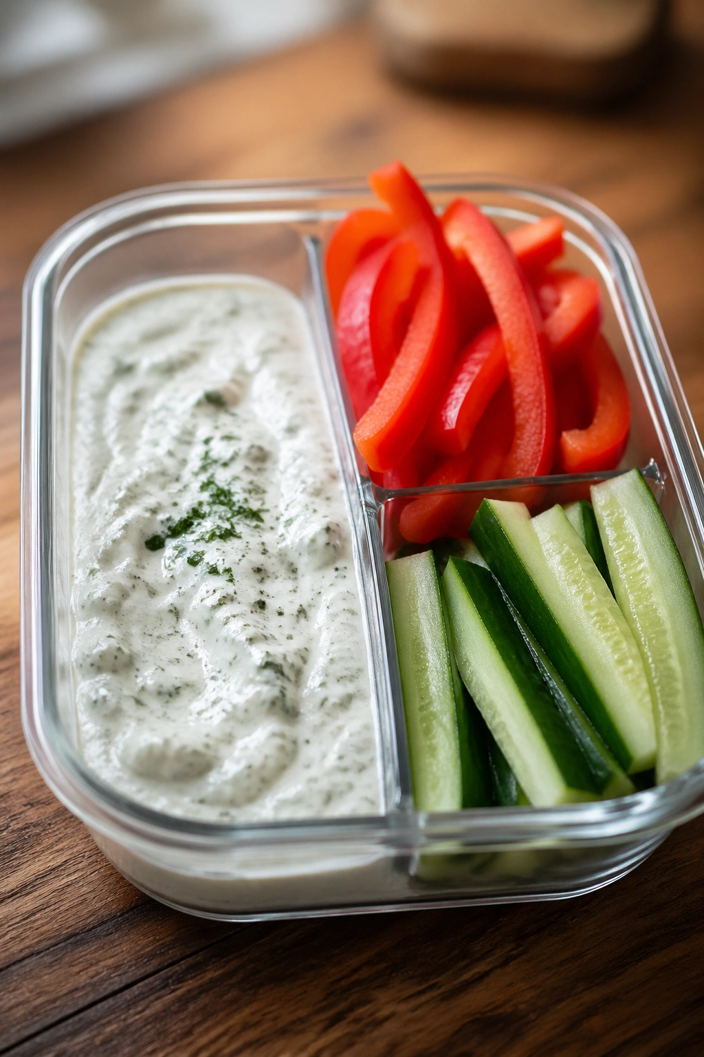 Cottage cheese ranch dip with cucumber and bell pepper in a small lunch box
