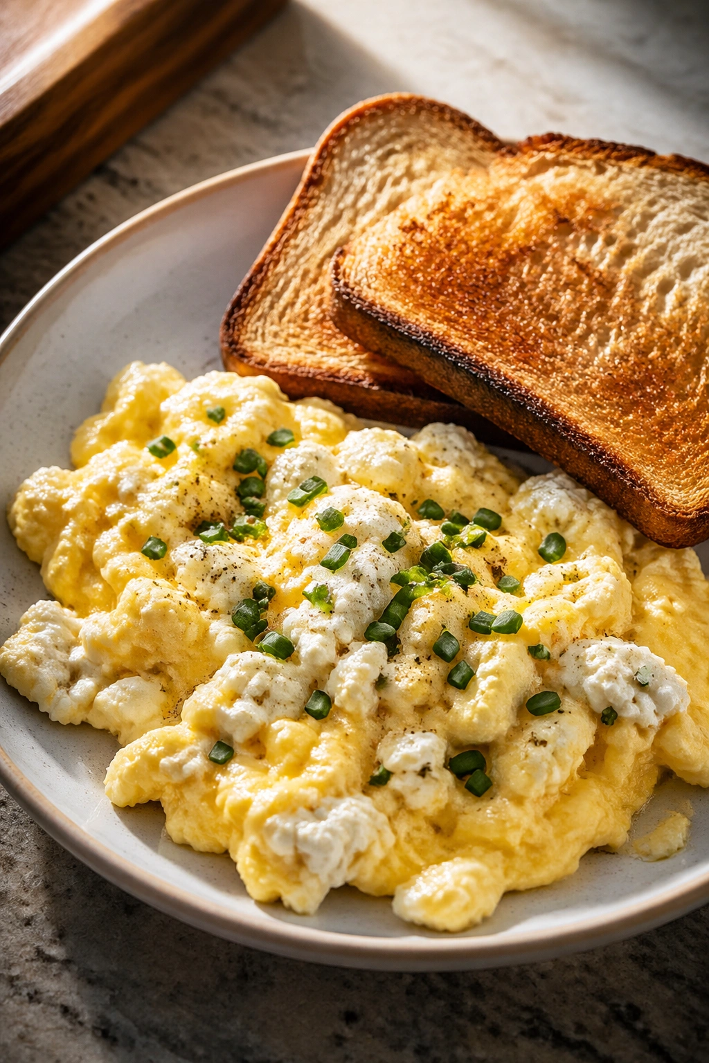 Close-up of cottage cheese and egg scramble with toast on a plate
