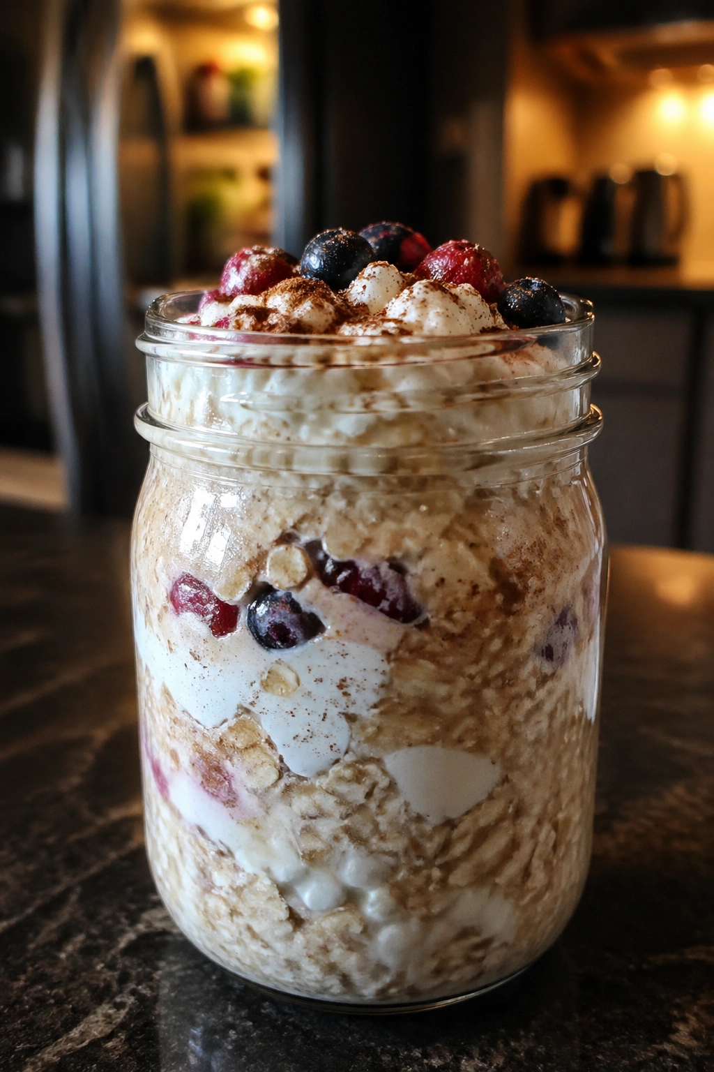 Close-up of a glass jar of cottage cheese overnight oats on a kitchen counter at night