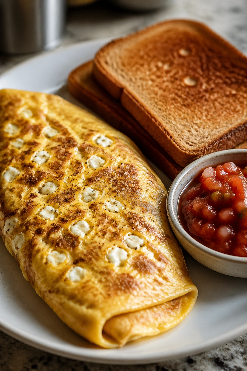 Omelet with cottage cheese, toast, and salsa on a plate.