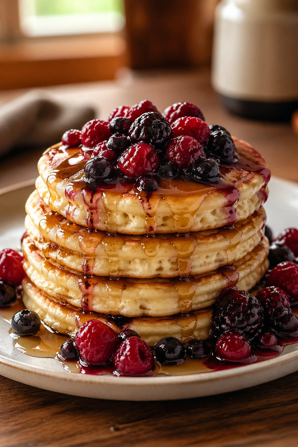 Stack of cottage cheese blender pancakes with warm berries.