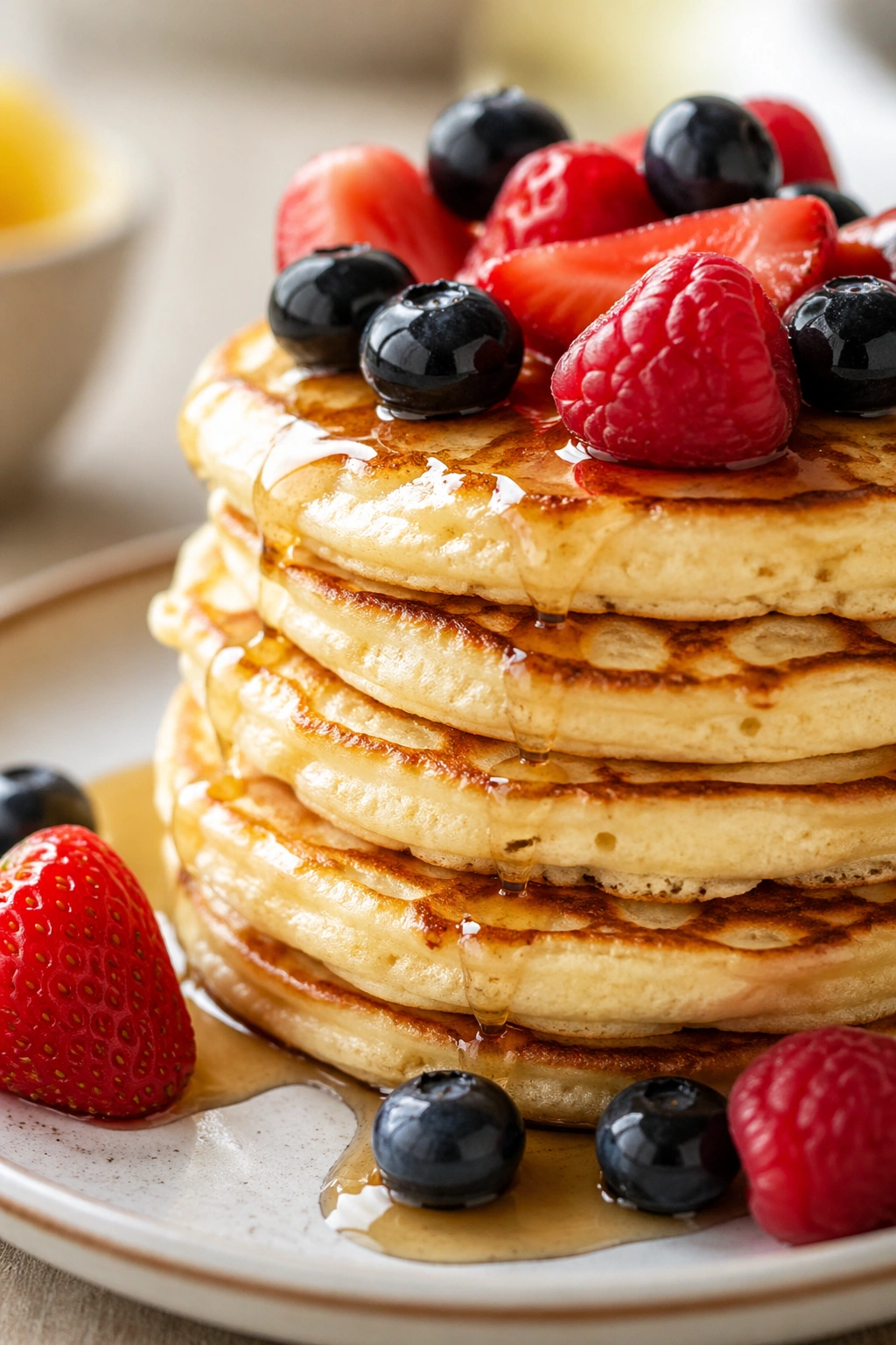 Stack of cottage cheese pancakes with fruit on a plate