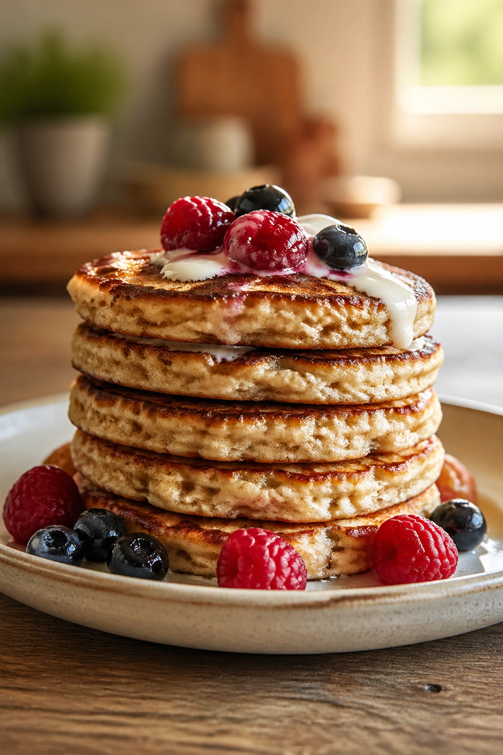 Close-up of stacked cottage cheese oat pancakes on a plate in a warm kitchen