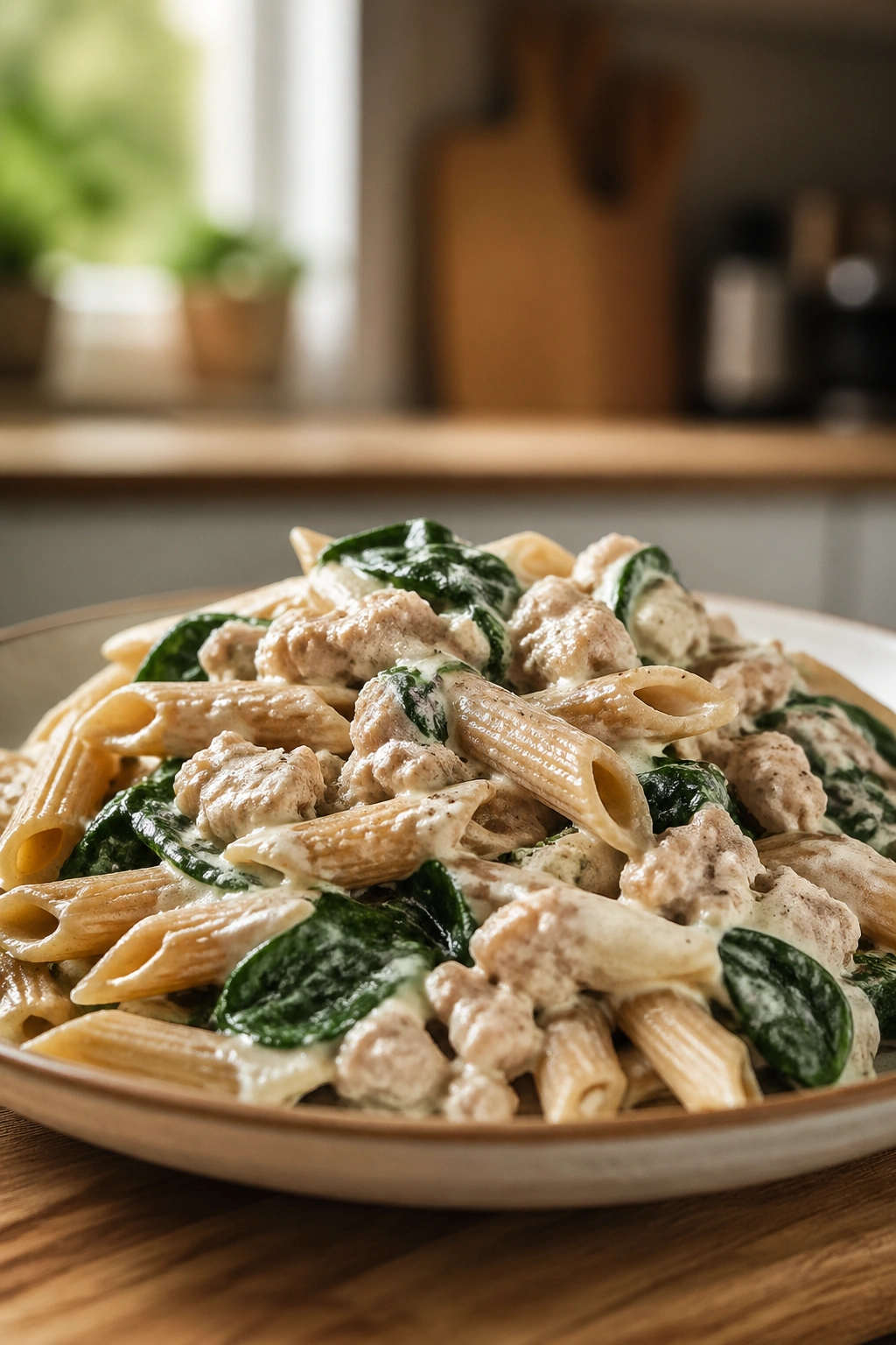 Close-up of cottage cheese pasta with spinach and turkey in a creamy sauce