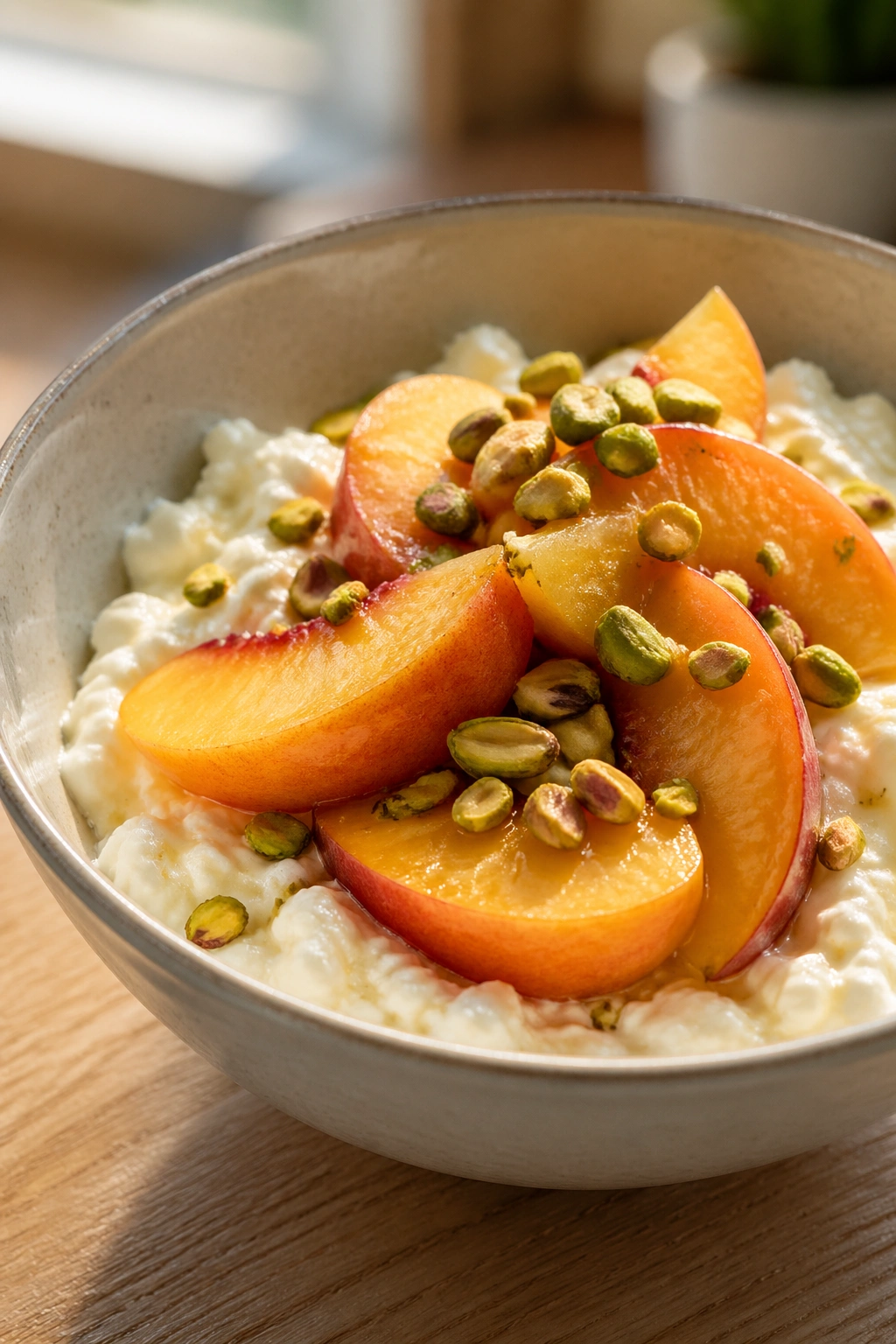Cottage cheese peach bowl with peaches and pistachios
