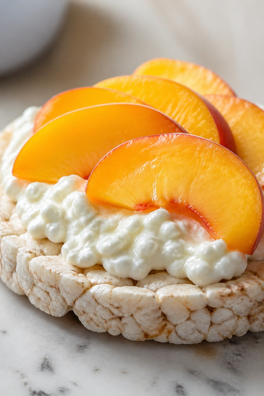 Rice cake topped with cottage cheese and peach slices