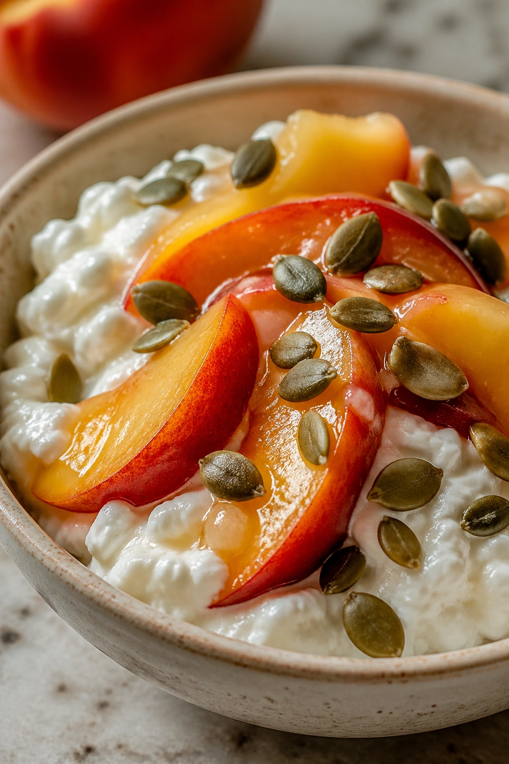 Close-up of cottage cheese with peaches and seeds in a bowl