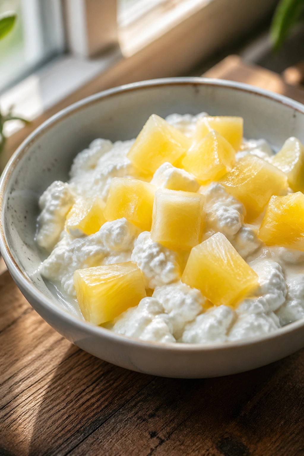 Close-up of cottage cheese with pineapple chunks in a bowl