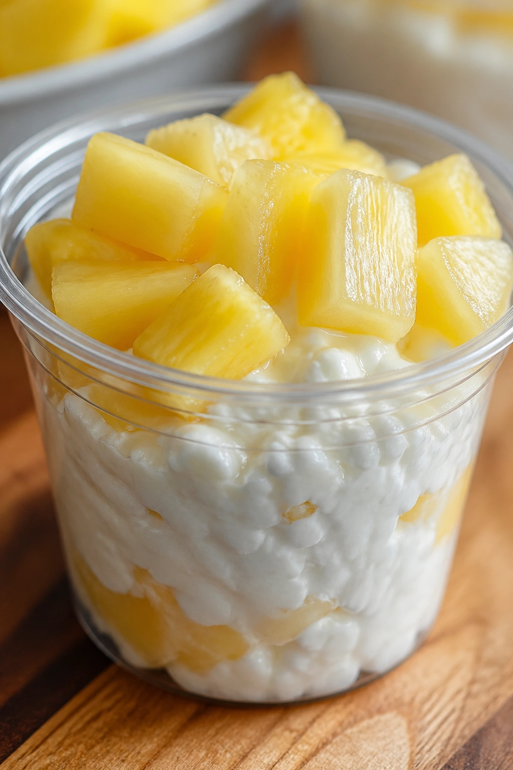 Cup of cottage cheese with pineapple chunks on wooden surface