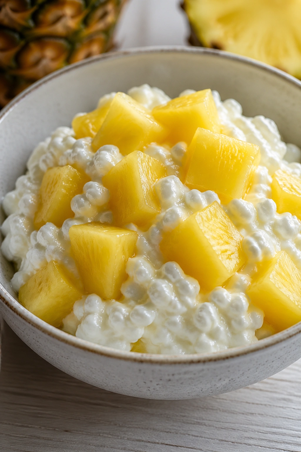 Bowl of cottage cheese with pineapple on a wooden table