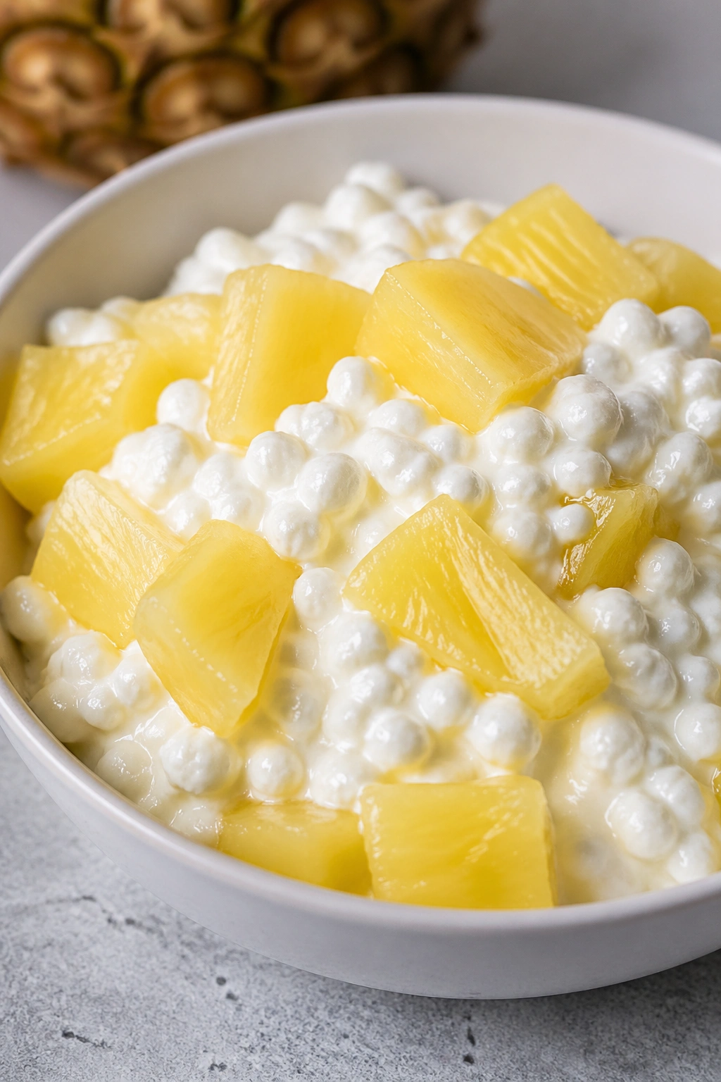 Bowl of cottage cheese with pineapple chunks on a kitchen counter