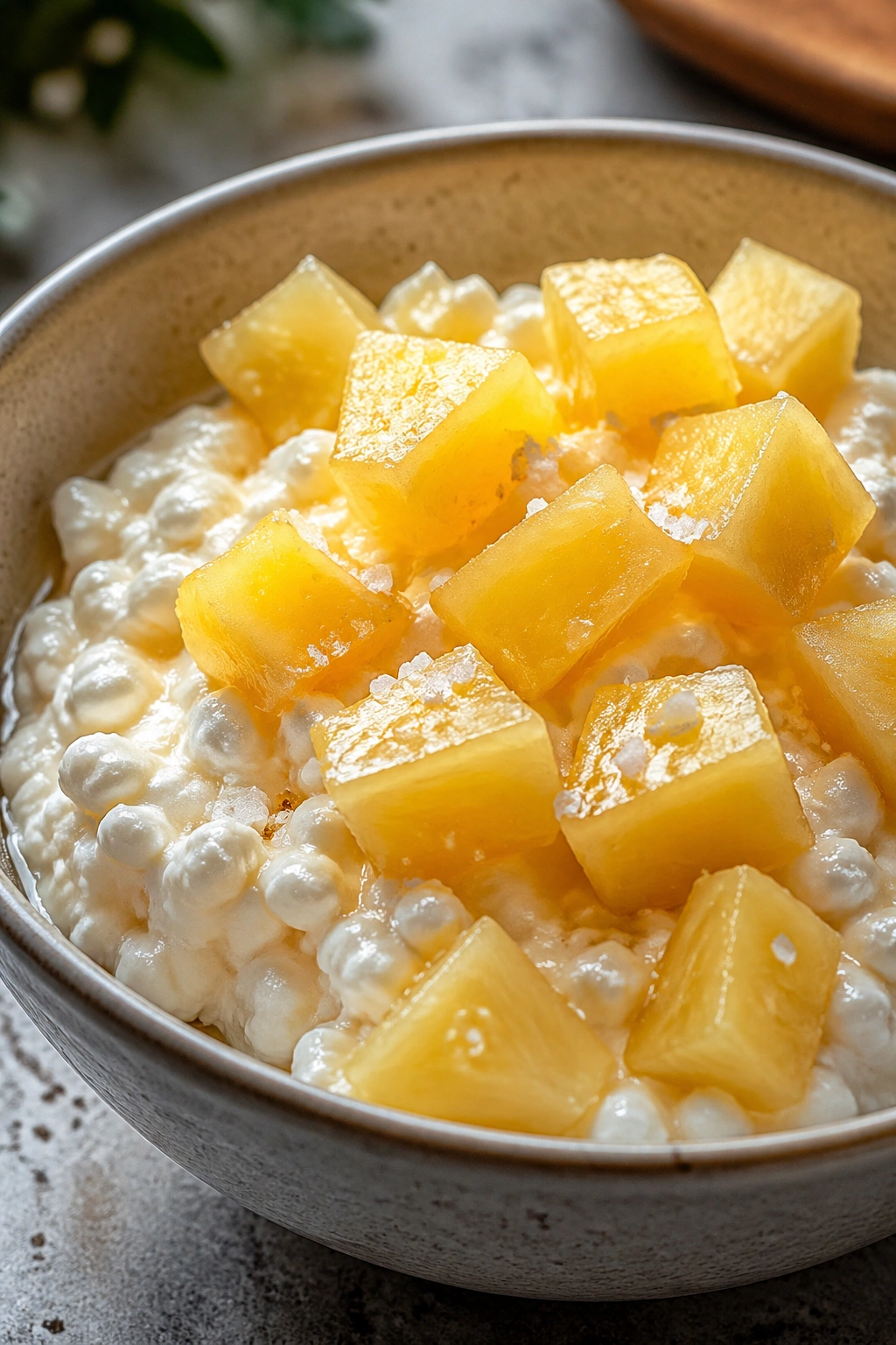 Cottage cheese with pineapple chunks in a bowl