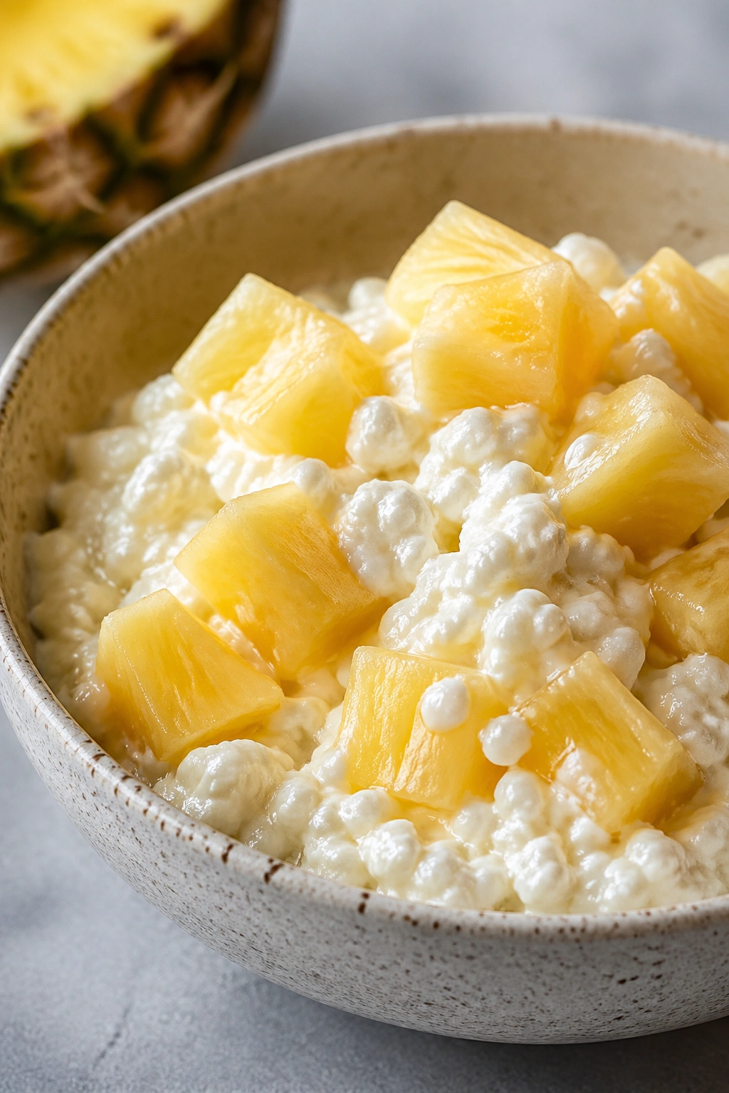Cottage cheese with pineapple chunks in a bowl