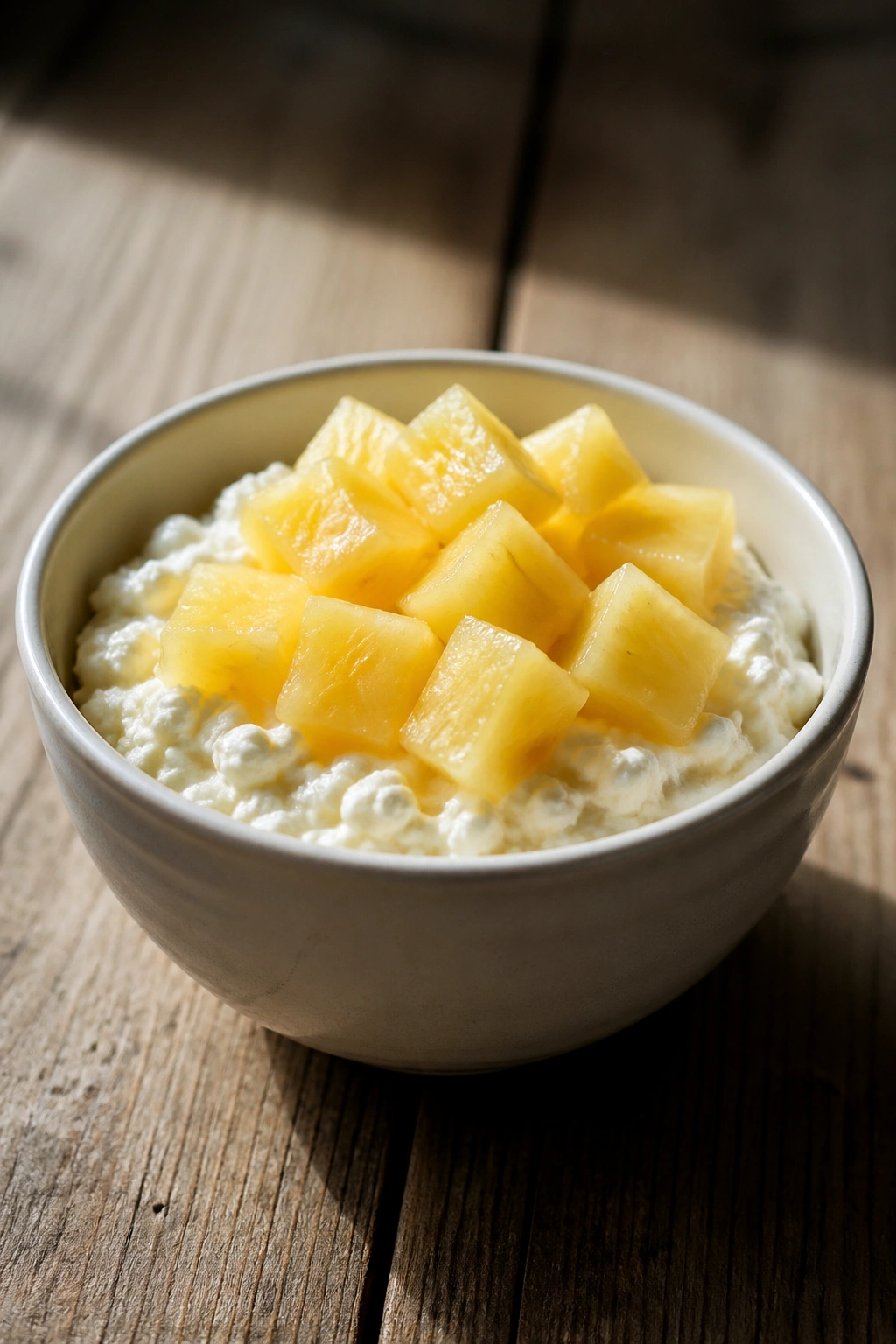 Bowl of cottage cheese with pineapple chunks