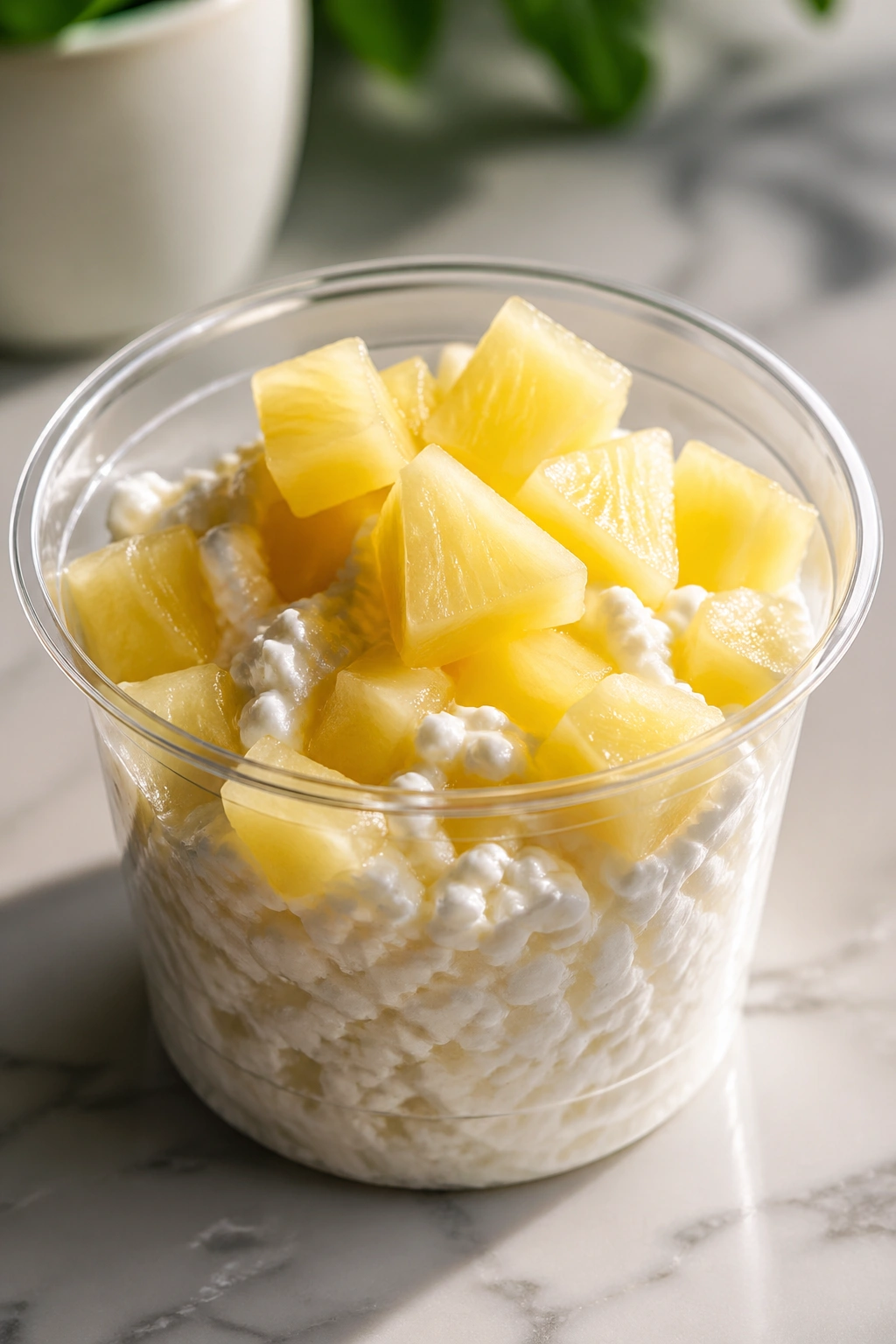 Open cottage cheese cup with pineapple chunks