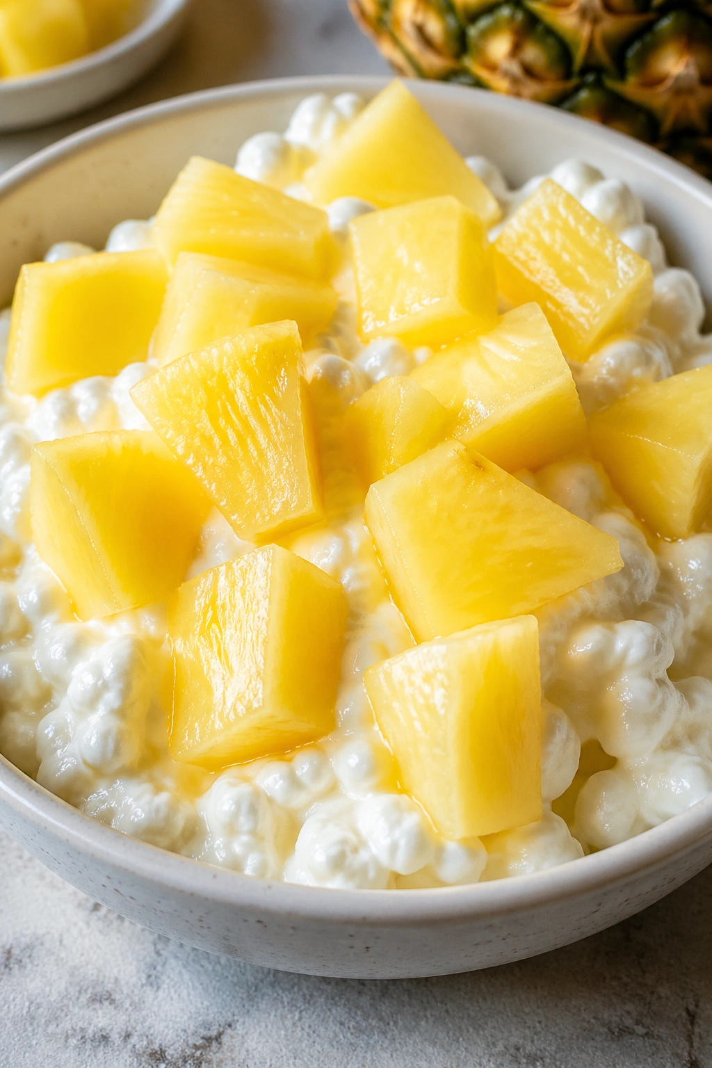 Bowl of cottage cheese with pineapple chunks on a kitchen counter
