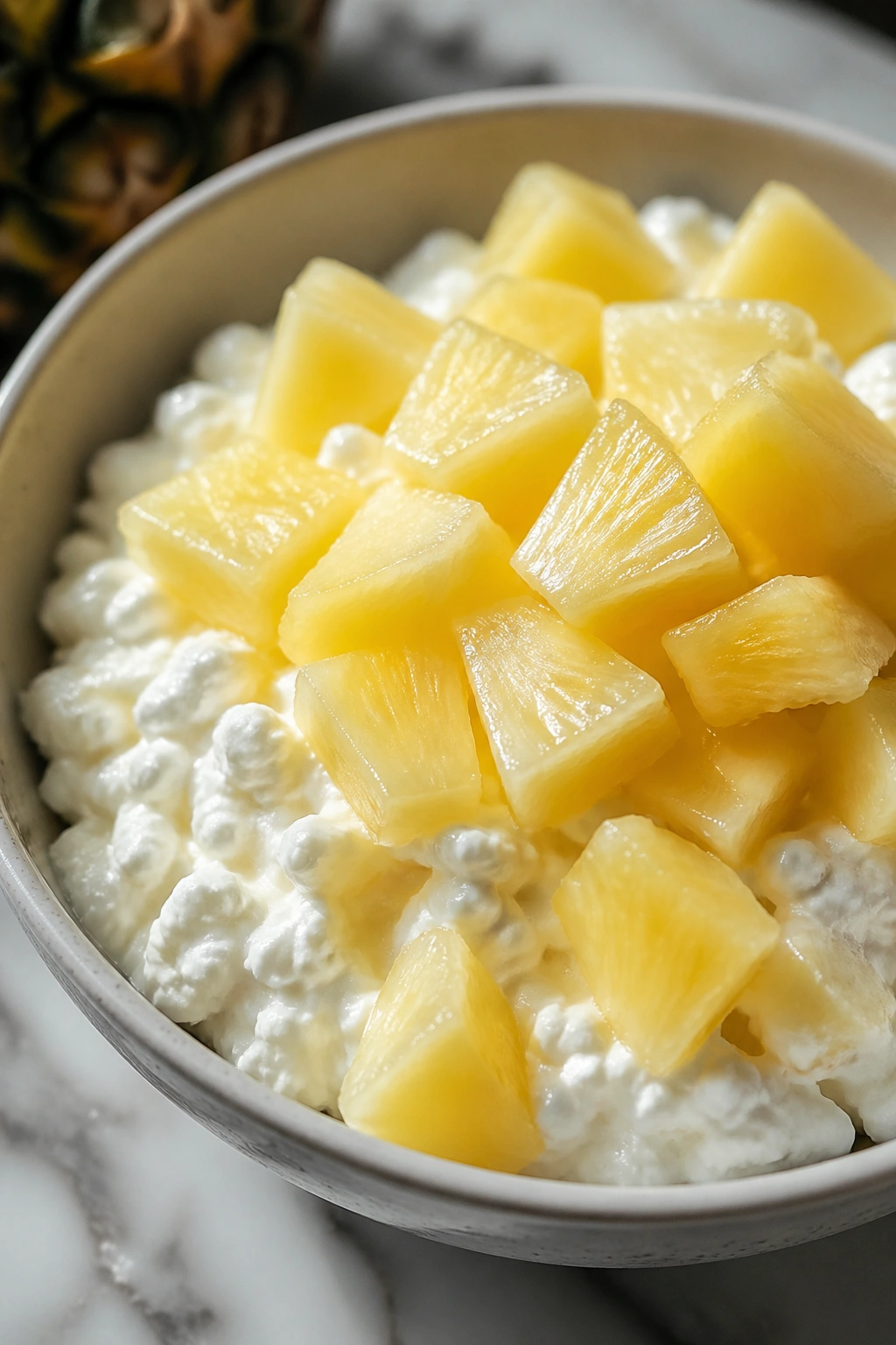 Close-up of cottage cheese with pineapple chunks in a bowl